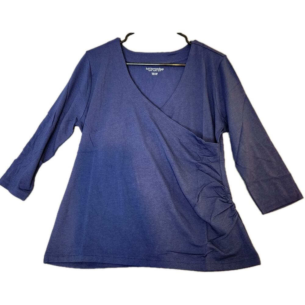Soft Surroundings Sz PL Navy Blue Jersey Knit Shapely Surplice Top Shirt NEW
